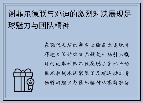 谢菲尔德联与邓迪的激烈对决展现足球魅力与团队精神