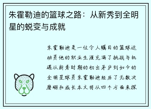朱霍勒迪的篮球之路：从新秀到全明星的蜕变与成就