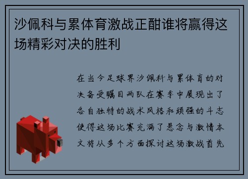 沙佩科与累体育激战正酣谁将赢得这场精彩对决的胜利