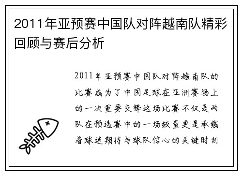 2011年亚预赛中国队对阵越南队精彩回顾与赛后分析
