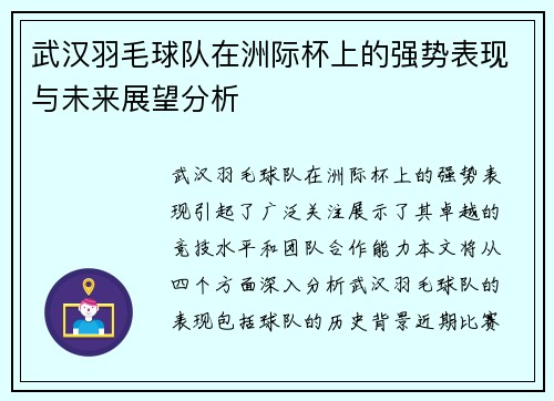 武汉羽毛球队在洲际杯上的强势表现与未来展望分析