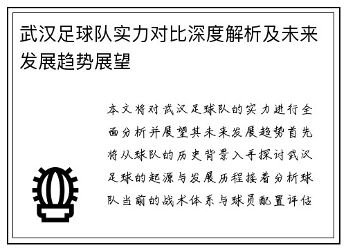 武汉足球队实力对比深度解析及未来发展趋势展望