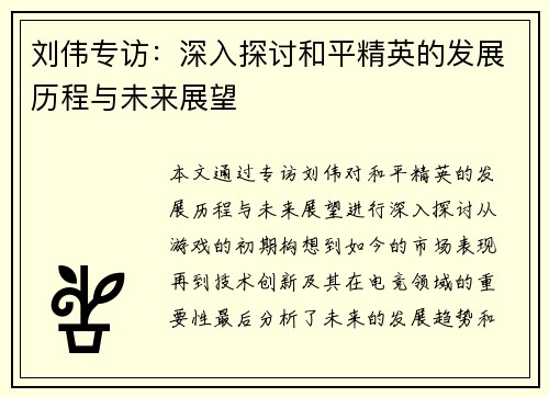 刘伟专访：深入探讨和平精英的发展历程与未来展望