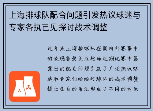 上海排球队配合问题引发热议球迷与专家各执己见探讨战术调整