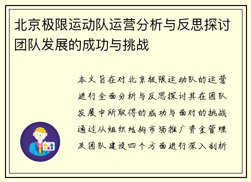 北京极限运动队运营分析与反思探讨团队发展的成功与挑战