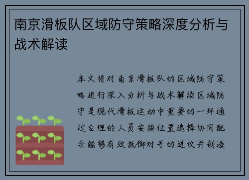 南京滑板队区域防守策略深度分析与战术解读