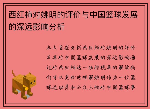 西红柿对姚明的评价与中国篮球发展的深远影响分析