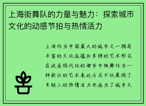 上海街舞队的力量与魅力：探索城市文化的动感节拍与热情活力